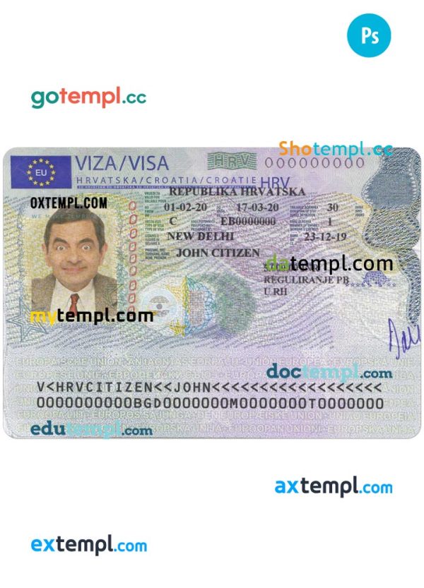 editable template, CROATIA schengen visa PSD template, completely editable, with fonts