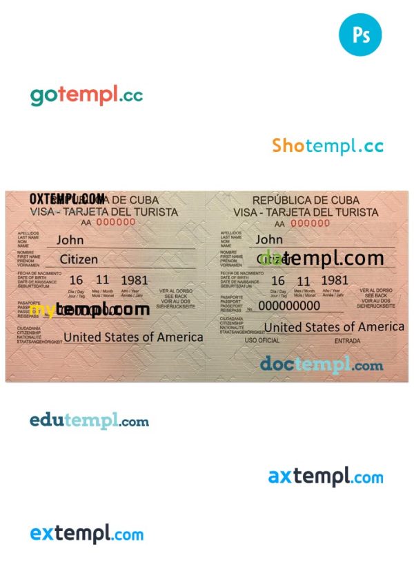 editable template, CUBA tourist visa PSD template, fully editable
