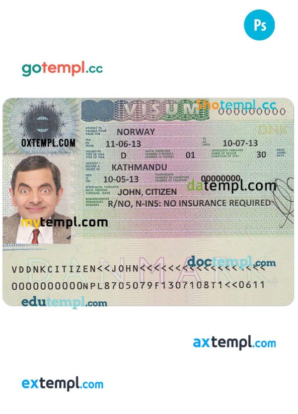 editable template, DENMARK entrance visa PSD template, with fonts
