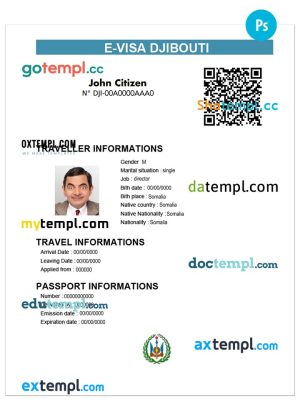 DJIBOUTI electronic travel visa PSD template, with fonts