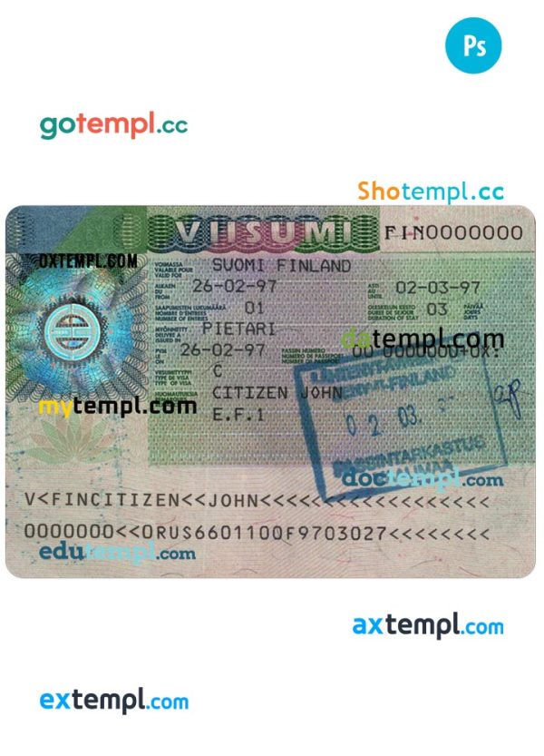editable template, FINLAND entry visa PSD template, completely editable, with fonts