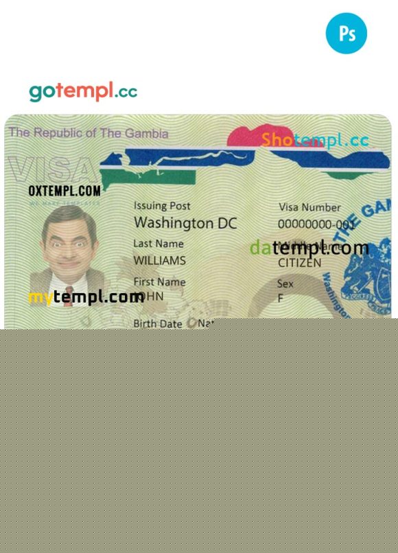 editable template, GAMBIA entry visa PSD template, fully editable