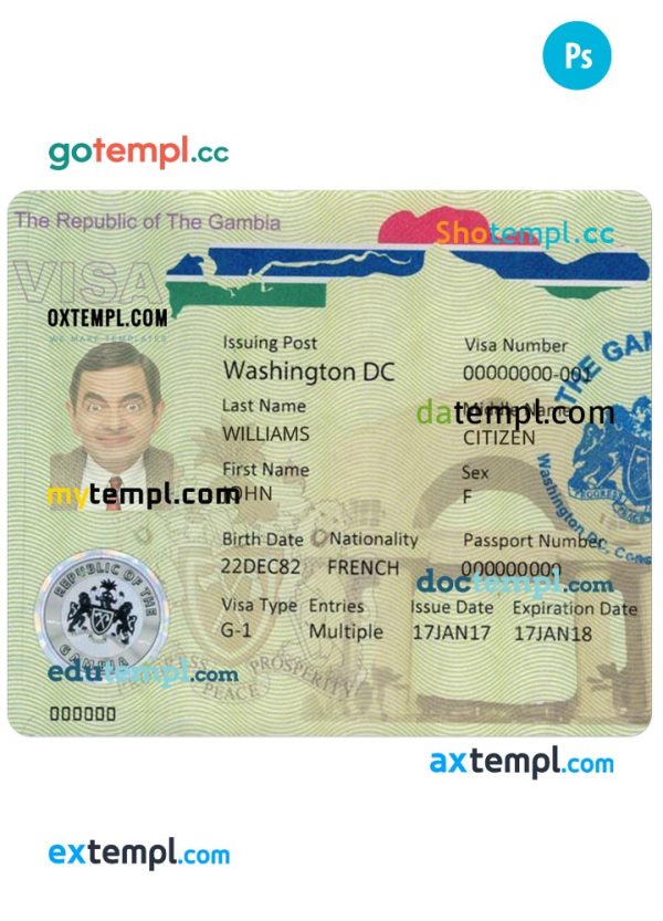 editable template, GAMBIA entry visa PSD template, fully editable
