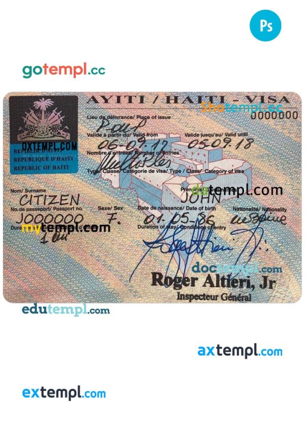 editable template, HAITI travel visa PSD template, with fonts