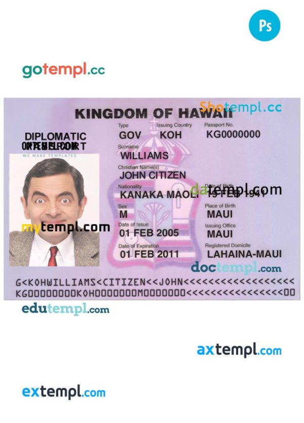 editable template, HAWAII travel visa PSD template, completely editable, with fonts