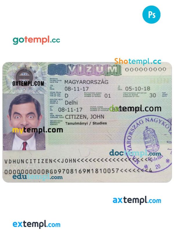 editable template, HUNGARY travel visa PSD template, with fonts
