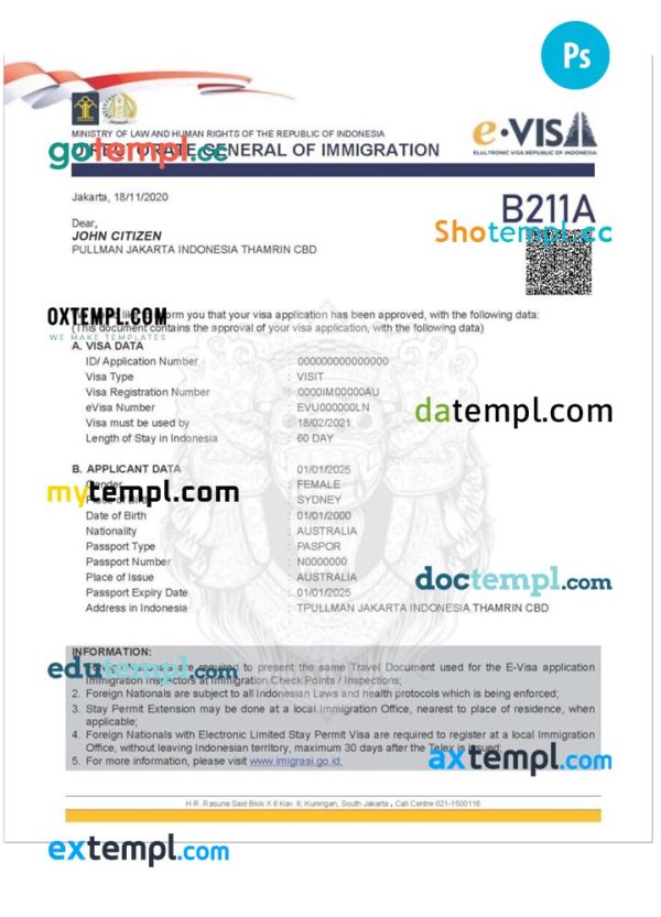 editable template, INDONESIA electronic visa PSD template, completely editable, with fonts