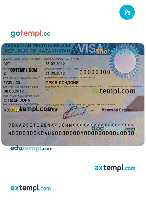 editable template, KAZAKHSTAN entry visa PSD template, completely editable, with fonts