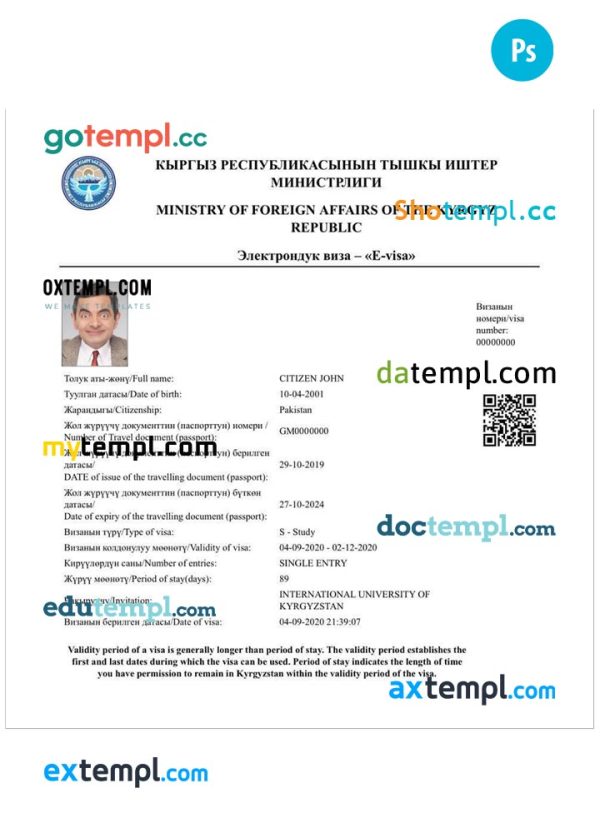 editable template, KYRGYZSTAN electronic visa PSD template, completely editable, with fonts