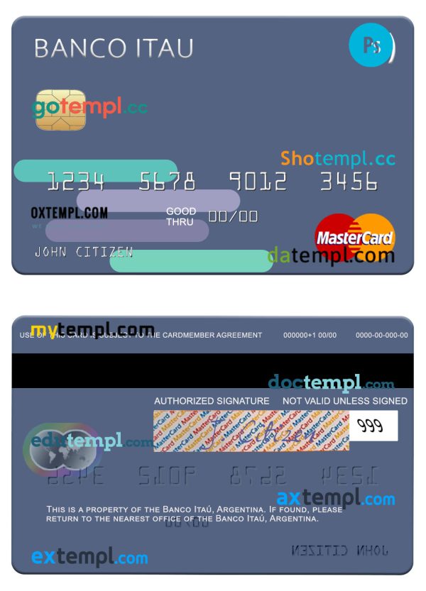 editable template, Argentina Banco Itaú mastercard template in PSD format