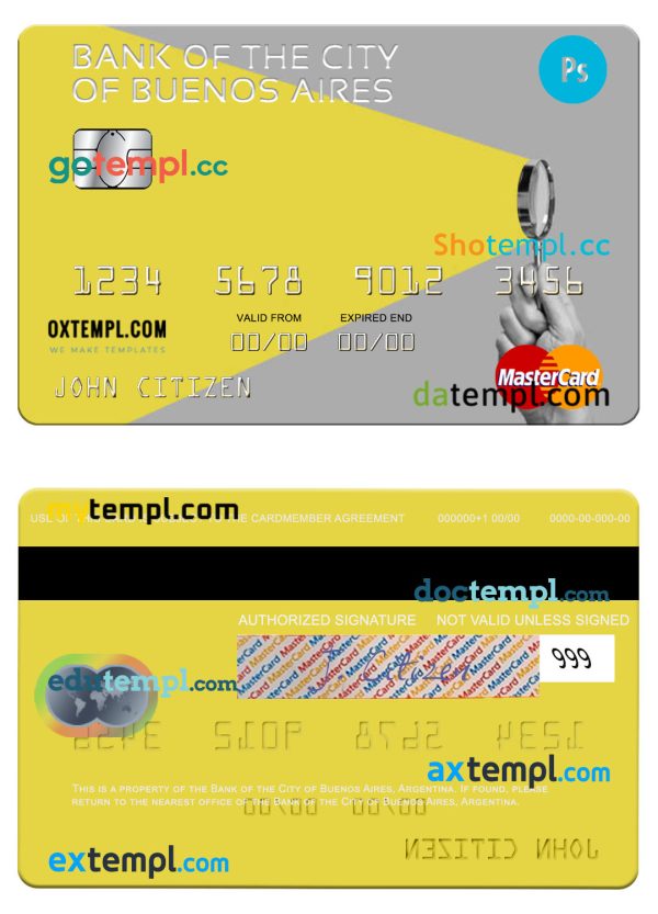 editable template, Argentina Bank of the City of Buenos Aires mastercard template in PSD format