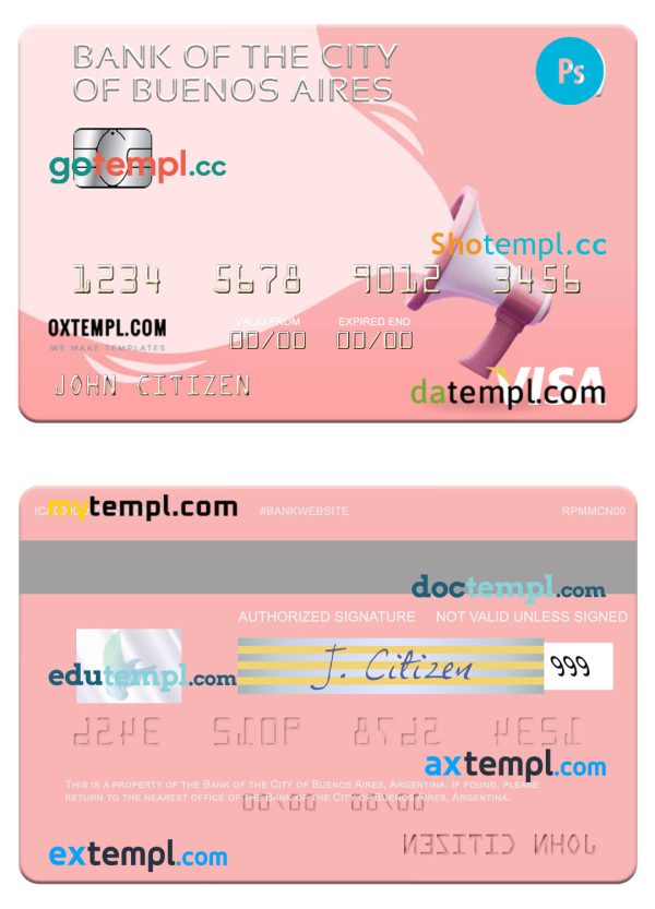 editable template, Argentina Bank of the City of Buenos Aires visa card template in PSD format
