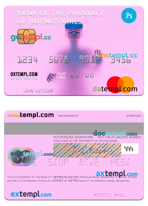 editable template, Argentina Bank of the Province of Buenos Aires mastercard template in PSD format