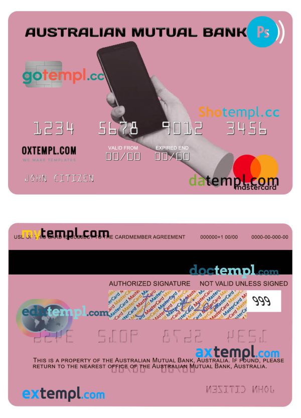 editable template, Australia Australian Mutual Bank mastercard template in PSD format