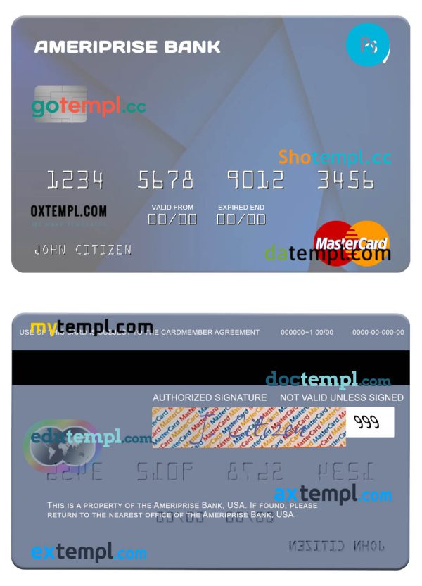 editable template, USA Ameriprise Bank mastercard template in PSD format
