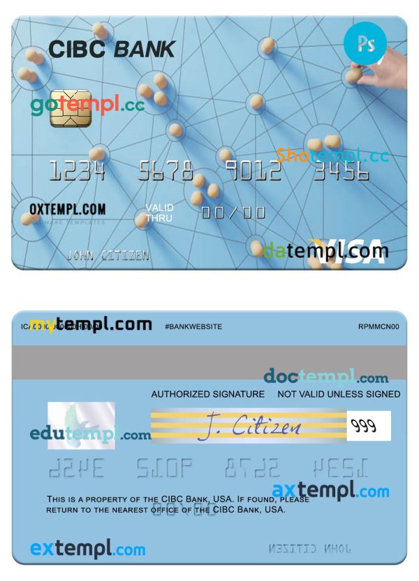 editable template, USA CIBC Bank visa card template in PSD format