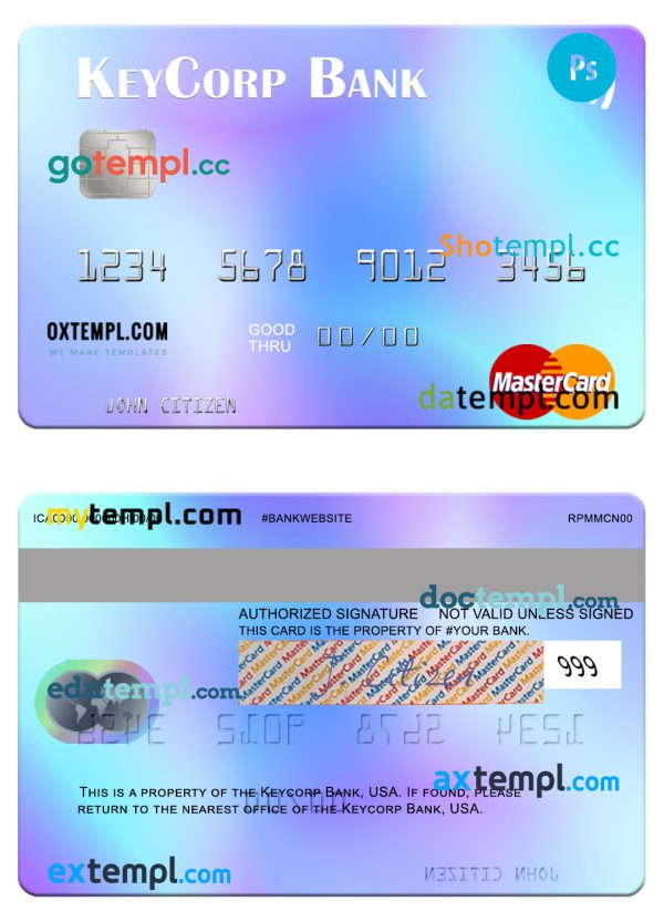 editable template, USA KeyCorp Bank mastercard template in PSD format