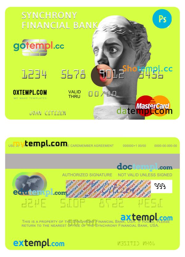 editable template, USA Synchrony Financial Bank mastercard template in PSD format