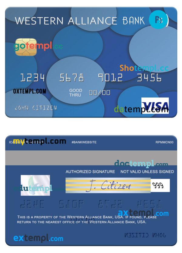 editable template, USA Western Alliance Bank visa card template in PSD format
