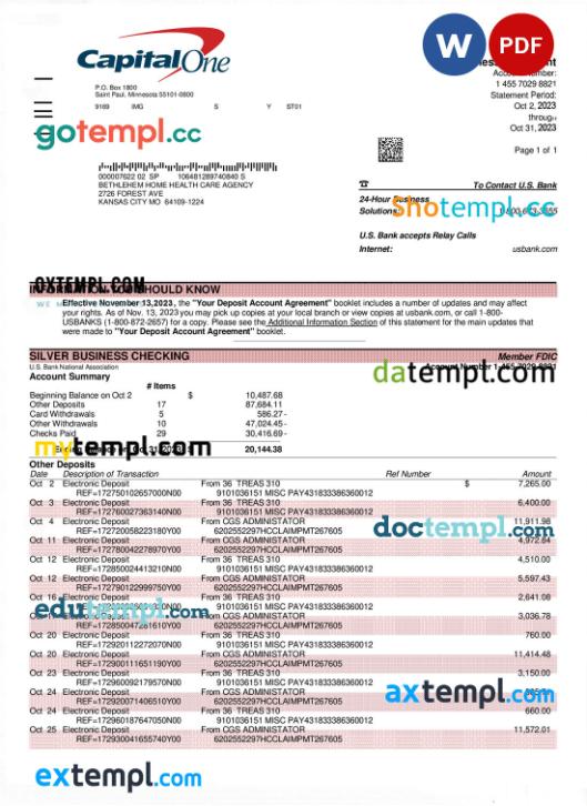 editable template, Capital One bank corporate account statement Word and PDF template