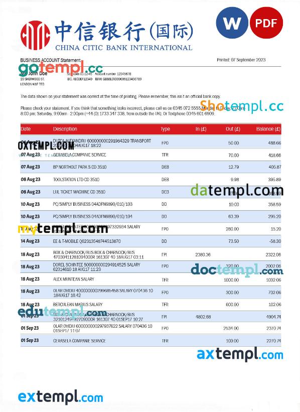editable template, CHINA CITIC Bank corporate account statement Word and PDF template