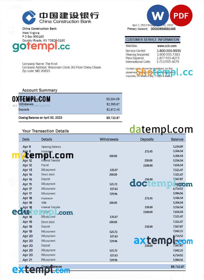 editable template, CHINA Construction bank company statement Word and PDF template
