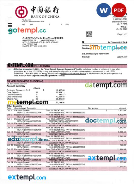 editable template, Bank of China enterprise statement Word and PDF template