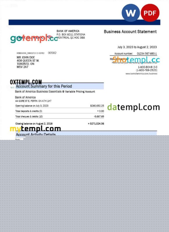 editable template, BANK of America organization bank statement Word and PDF template