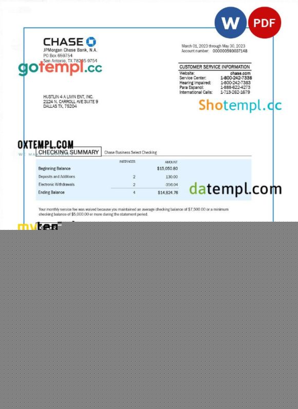 editable template, CHASE bank corporate checking account statement Word and PDF template
