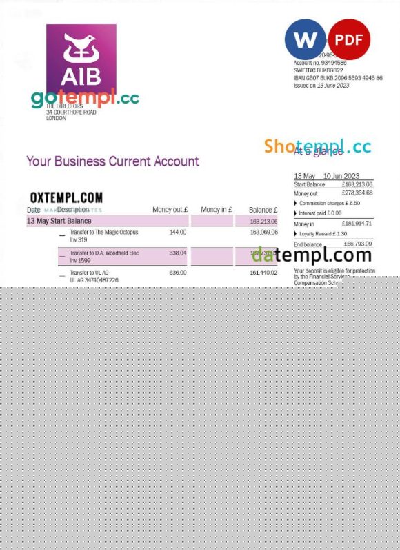 editable template, ALLIED Irish Banks (AIB) enterprise statement Word and PDF template