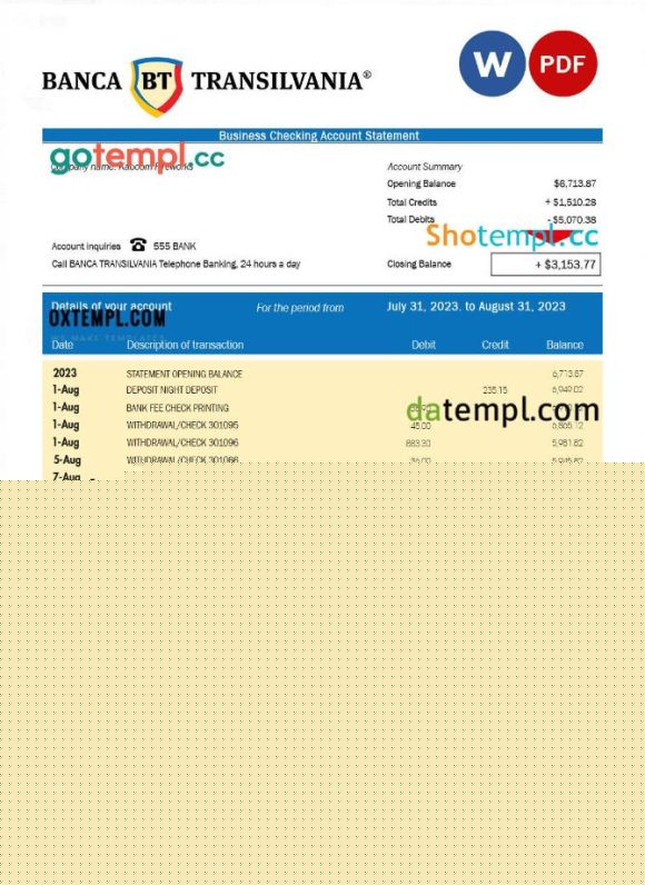 editable template, Banca Transilvania company account statement Word and PDF template