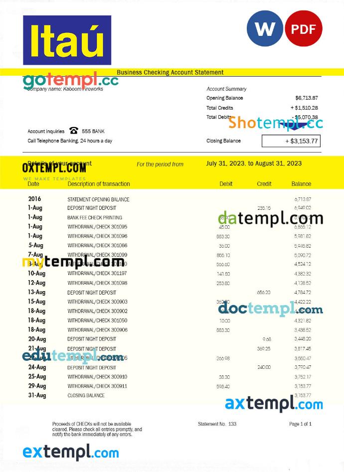 editable template, BANK Itaú enterprise account statement Word and PDF template