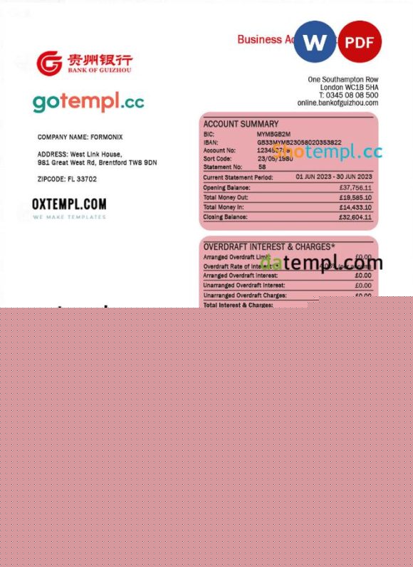 editable template, Bank of Guizhou business checking account statement Word and PDF template