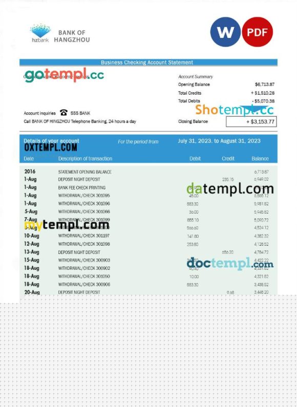 editable template, BANK of Hangzhou company statement Word and PDF template
