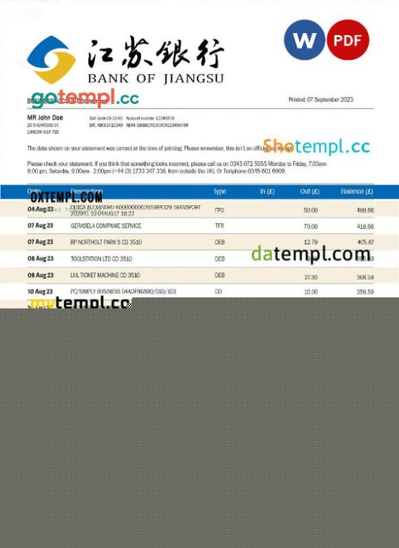 editable template, BANK of Jiangsu corporate account statement Word and PDF template