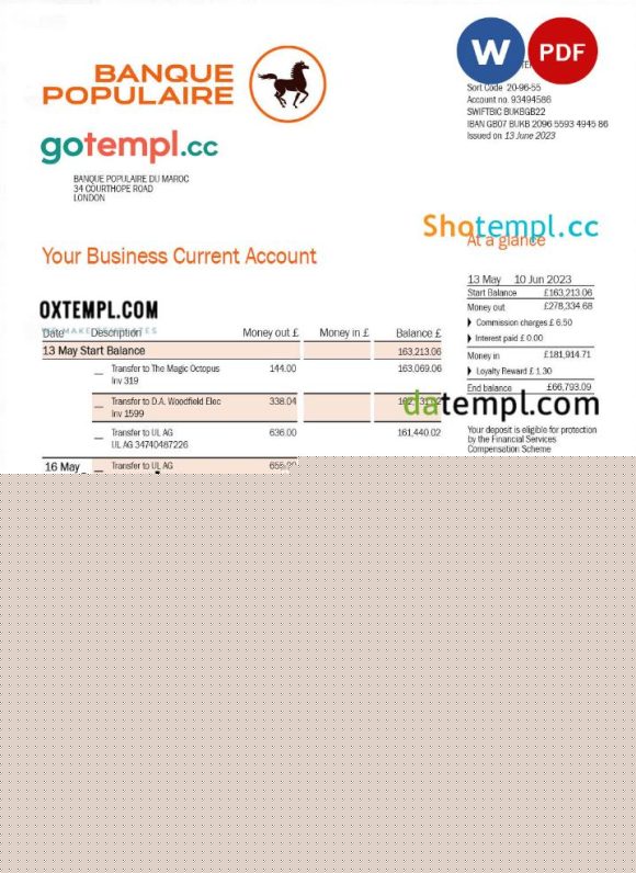 editable template, Banque Populaire du Maroc business statement Word and PDF template