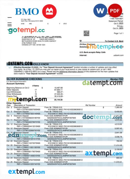 editable template, BMO Canada bank corporate account statement Word and PDF template