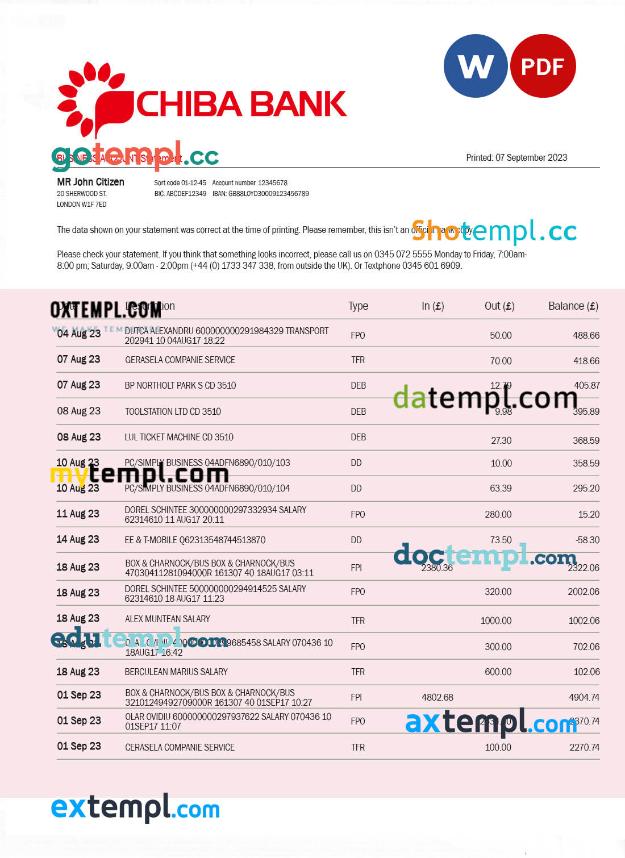 Chiba Bank company checking account statement Word and PDF template