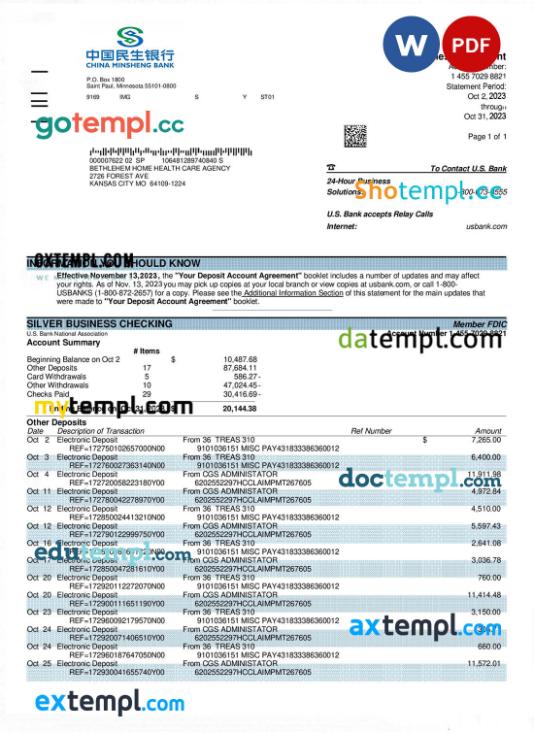 editable template, China Minsheng Bank firm account statement Word and PDF template
