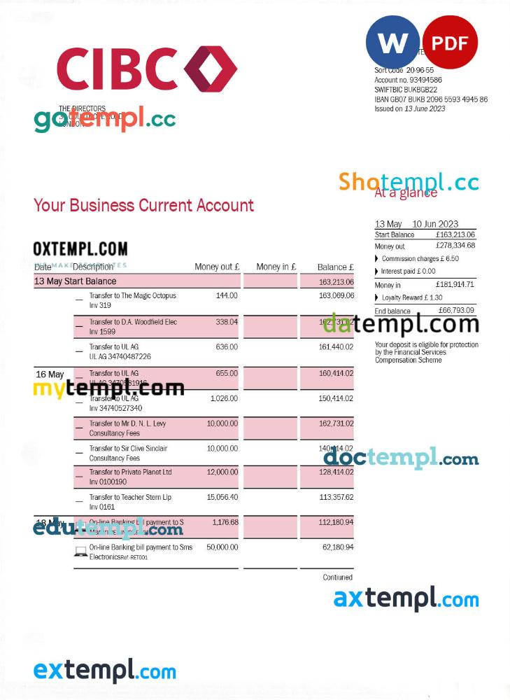 editable template, CIBC Bank company checking account statement Word and PDF template