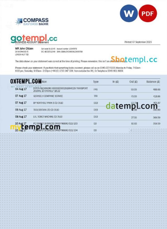 editable template, Compass Bank enterprise account statement Word and PDF template