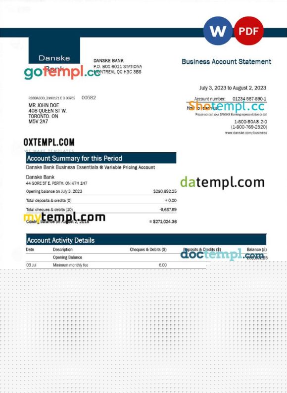 editable template, DANSKE Bank enterprise statement Word and PDF template