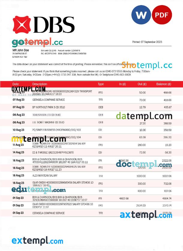 editable template, DBS Bank organization checking account statement Word and PDF template