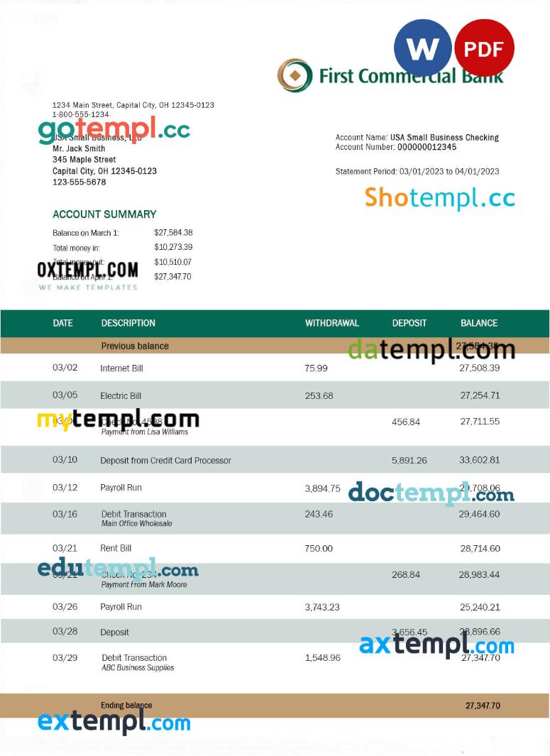 FIRST Commercial Bank company statement Word and PDF template