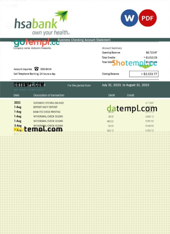 editable template, HSA Bank enterprise account statement Word and PDF template