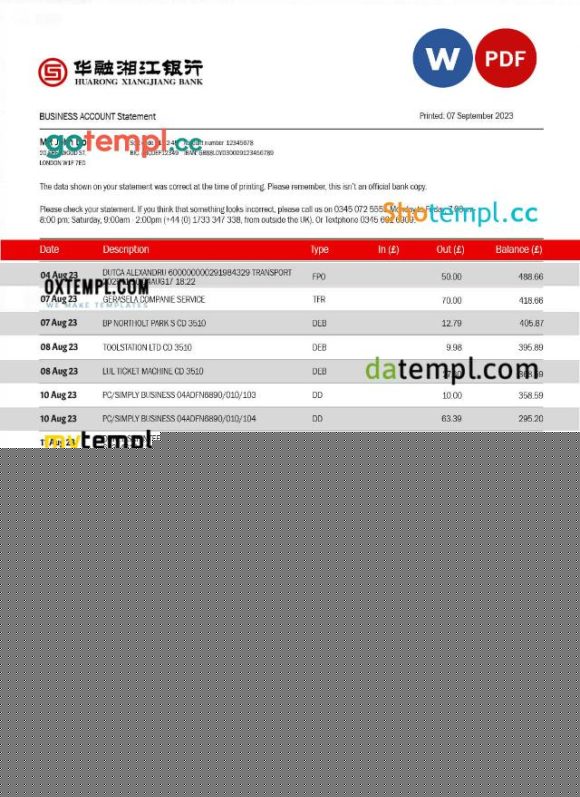 editable template, HUARONG Xiangjiang Bank company account statement Word and PDF template