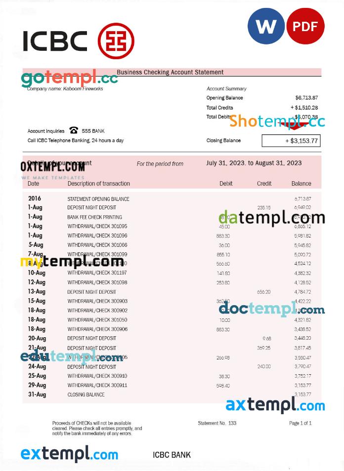 editable template, ICBC bank company checking account statement Word and PDF template