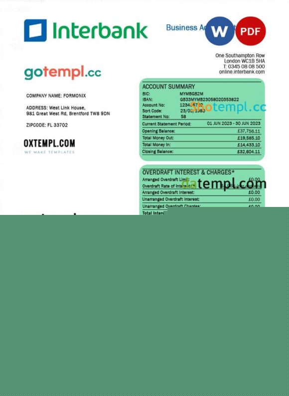 editable template, Interbank organization account statement Word and PDF template