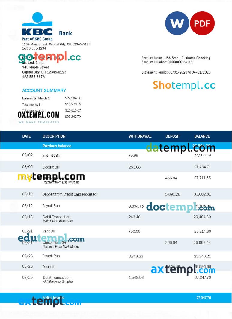KBC Bank corporate account statement Word and PDF template