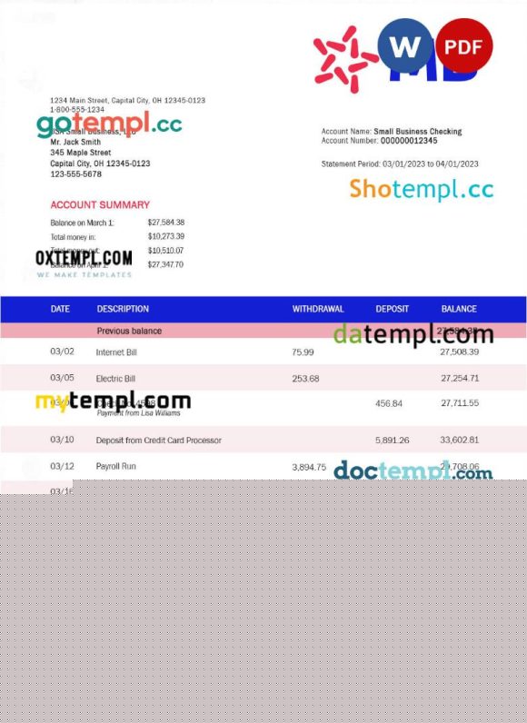 editable template, MB Bank company statement Word and PDF template